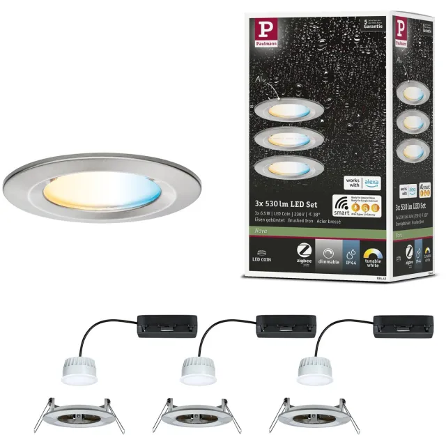 Paulmann LED-inbouwlamp Nova Coin IP44 rond 78 mm Tunable White 3x6W 3x530lm 230V Staal geborsteld Aluminium