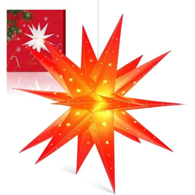 BOG Verlichte 3D Kerstster 60cm Op Batterijen Met Timer – Rode LED Poinsettia – Kerstdecoratie Voor Raam Binnen En Buiten – Sfeervolle Ster Voor Tuin Balkon En Terras ROOD