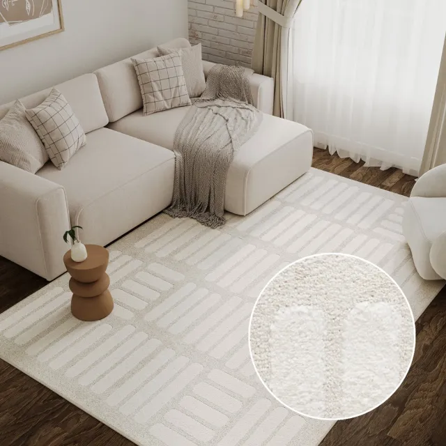 Tapiso Terra Vloerkleed - Geblokt Geometrisch Patroon - Woonkamer & Slaapkamer - Laagpolig Tapijt met 3D-Effect - Crème Beige Wit - OEKO-TEX Creme Wit3