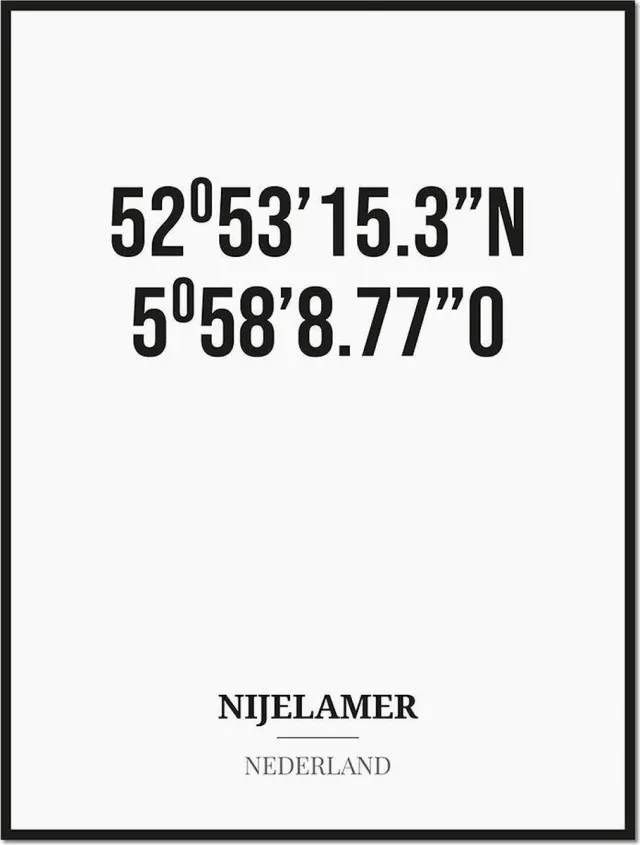 Studio216 Poster/kaart NIJELAMER met coördinaten zwart, wit