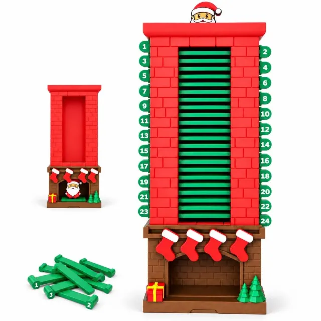 ZVD Aftelkalender voor Kerstmis (24 dagen) – Ontwerp met de Kerstman en de schoorsteen – Herbruikbare mechanische adventskalender – Ontwerp met treklipjes – Geschikt voor op de schoorsteenmantel, tafel of als kerstdecoratie