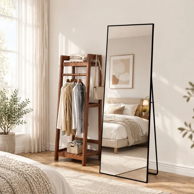 Yelenaro Staande Spiegel 165 x 60 cm, Wandspiegel, Rechthoekige Passpiegel met Aluminium Frame, voor Badkamer, Slaapkamer en Hal, Zwart Zwart Rechthoekige