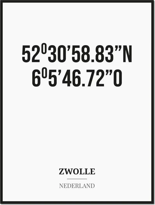 Studio216 Poster/kaart ZWOLLE met coördinaten zwart, wit