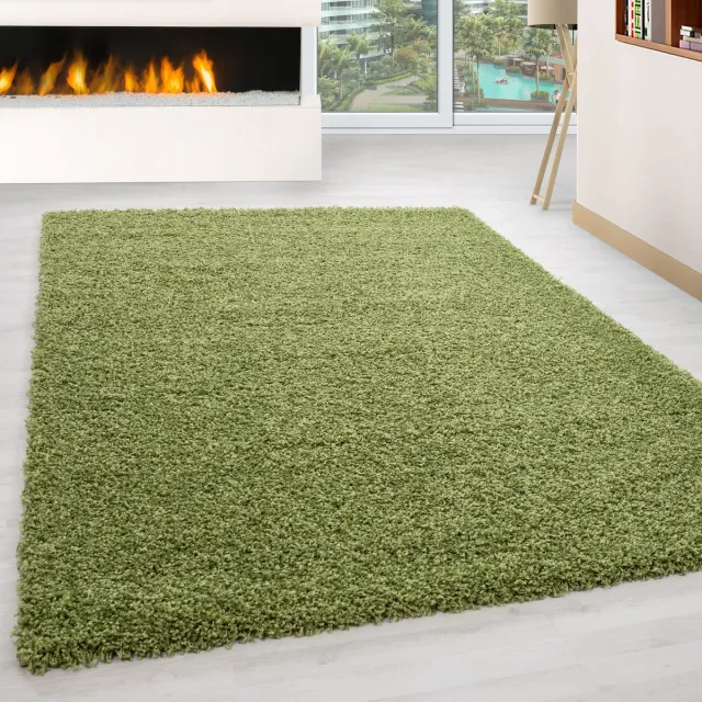 flycarpets Hoogpolig vloerkleed, effen kleur - effen groen, vloerkleed voor de woonkamer, jute achterkant, afmeting: 60 x 110 cm