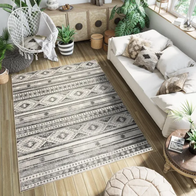 Tapiso Ethno Vloerkleed Woonkamer Slaapkamer Antraciet Vintage Abstract Driehoek Lijnen Sfeervol Design Woonsfeer Duurzaam Hoogwaardig Tapijt