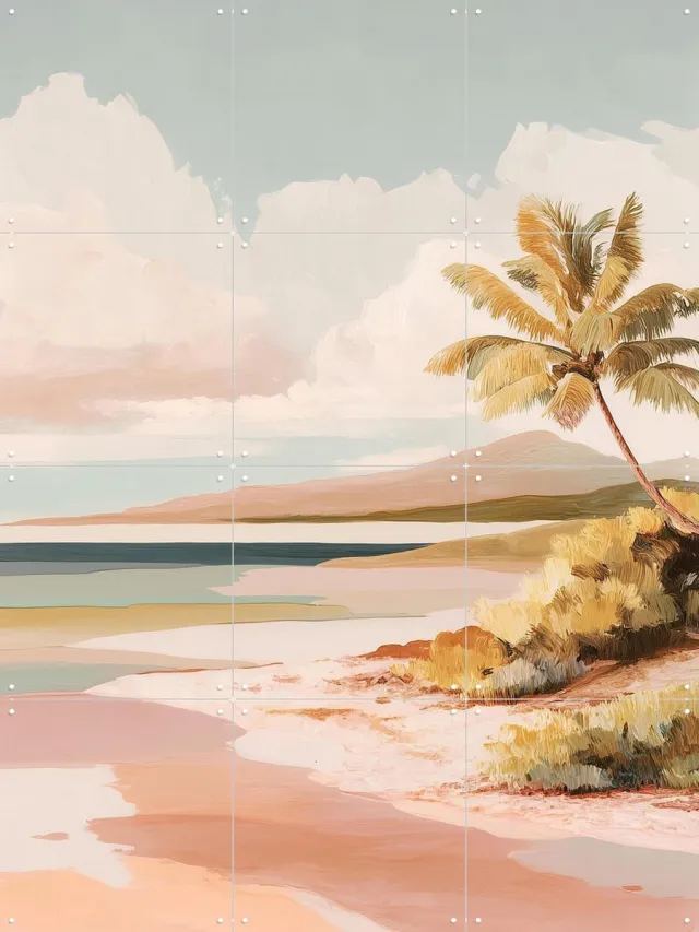 IXXI Pastel Tropical Lagoon Landscape, Branka Kodžoman - 60 x 80 cm - Grote wanddecoratie en posters - Kleurrijk, Woonkamer, Strandhuis, Slaapkamer Groen / Roze / Beige
