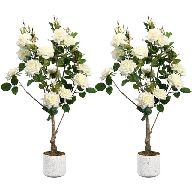 HOERFURIY kunstrozenboom - set 2 stuks 80cm wit lenteroos polyester met pot voor binnen en buiten