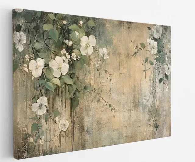Saammp Canvas Schilderij - Vintage - Natuur -Witte Bloemen - 40x30 - Foto op canvas - Wanddecoratie - Muurdecoratie Woonkamer - Kantoor Decoratie Multicolor