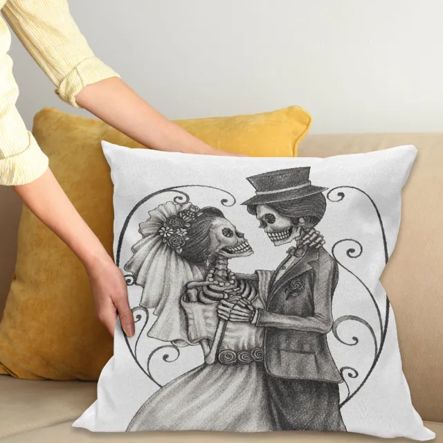 ABAKUHAUS Romantik Kussenhoes, Skeleton Heirat, Decoratieve Kussenhoes met Dubbelzijdige Print, Ritssluiting, Wasbaar, 50 x 50 cm, Dimgrey en Wit