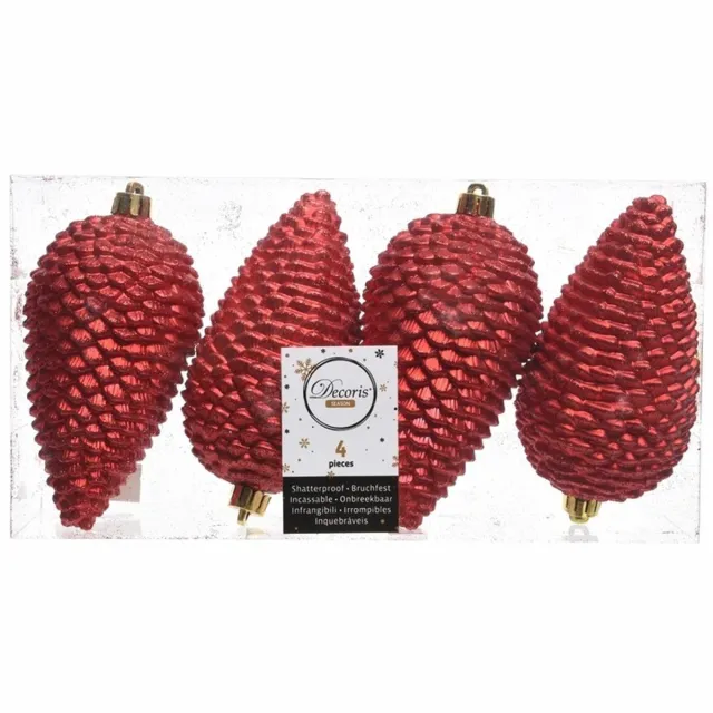 Decoris Season Decorations Decoris Kerstballen - dennenappel - rood - 4x - 12 cm - Glitter - Onbreekbare plastic kerstballen