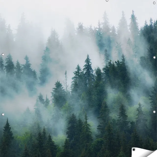 Gards Tuinposter Bos met Bomen in de Mist - 120x120 cm - Tuindoek - Tuindecoratie - Wanddecoratie buiten - Tuinschilderij Multikleur