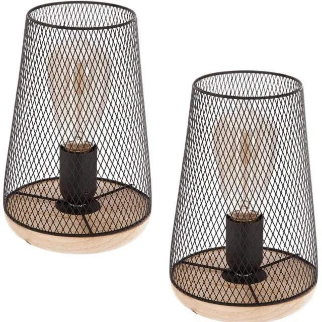 Atmosphera Tafellamp Soho - 2x - draad metaal/hout - zwart - H24 cm - Designlamp - met snoer