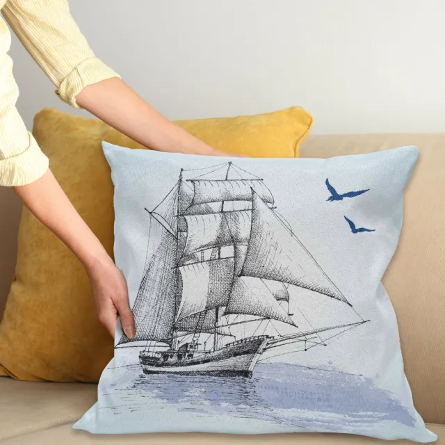 ABAKUHAUS Nautisch Sierkussenhoes, Vector Schets Sailboat op Zee met Vogel Retro Drawing Maritiem Thema Print, Decoratieve Vierkante Sierkussenhoes, 40 x 40 cm, Blauw Zwart