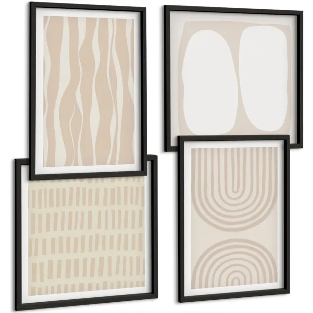 Coloray 4-Delige Schilderij Set - Abstracte Patronen, Onregelmatige Vormen, Boho - 40 x 40 cm En 40 x 60 cm - Decoratieve Schilderijen - Woonkamer - Interieur - Wanddecoratie Zwarte lijst