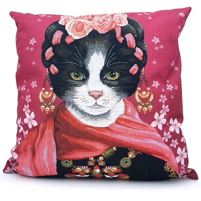Woontante Sierkussen Kat - Kat Kussenhoes - Frida Kahlo - 45 x 45 cm - Rood
