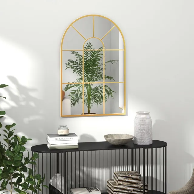 MEUNIQ wandspiegel fensterspiegel 91 x 60 cm met goud metalen frame en boogvormig ontwerp, decoratieve muurspiegel voor woonkamer slaapkamer of hal