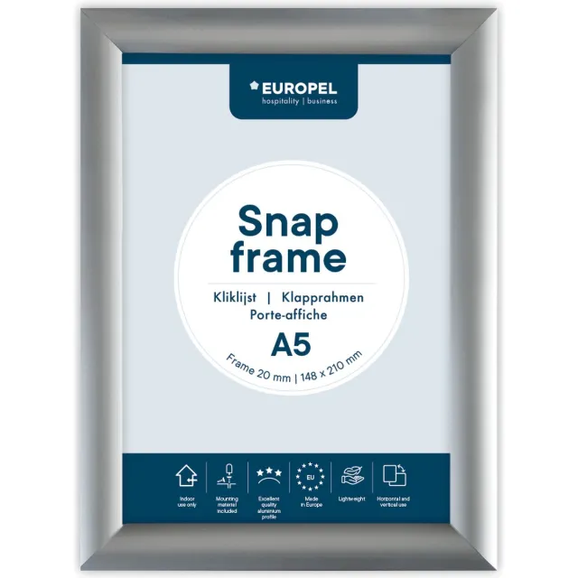 Europel Kliklijst – Posterlijst – A5 – 14,8 x 21 cm – 25mm – Aluminium – Zilver