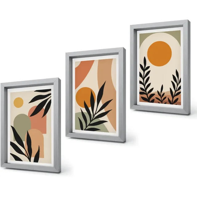 Coloray 4-Delige Schilderij Set - Abstracte vormen en plantmotieven in warme kleuren. - 20 x 30 cm - Wanddecoratie - Schilderijen Set - Kantoor - Stijlvolle Muurdecoratie Zilveren lijst