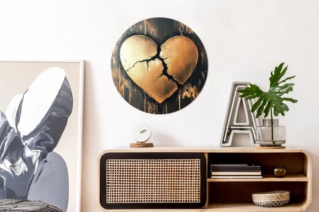 WallCircle Wandcirkel - Muurcirkel - Gebroken hart - Goud - Houtlook - Liefde - Aluminium - Dibond - 60x60 cm - Binnen en Buiten