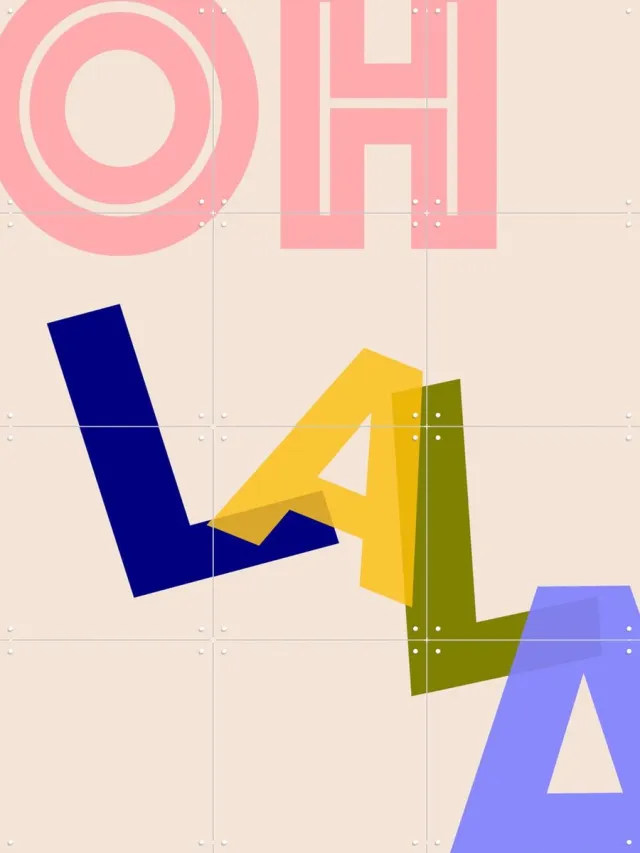 IXXI Oh Lala, Hej.Ibiza - 60 x 80 cm - Grote wanddecoratie en posters - Kleurrijk, Geometrische Kunst, Typografie, Pop art, Digitale Kunst, Abstract Blauw / Groen / Geel / Roze