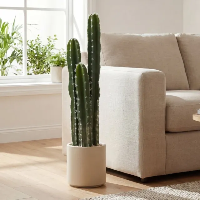 REDOM Kunstplant Kaktus - Drie verspringende stelen - Met decoratieve pot en sierstenen - Modern - Voor binnen - Kunststof - Groen - 95 cm