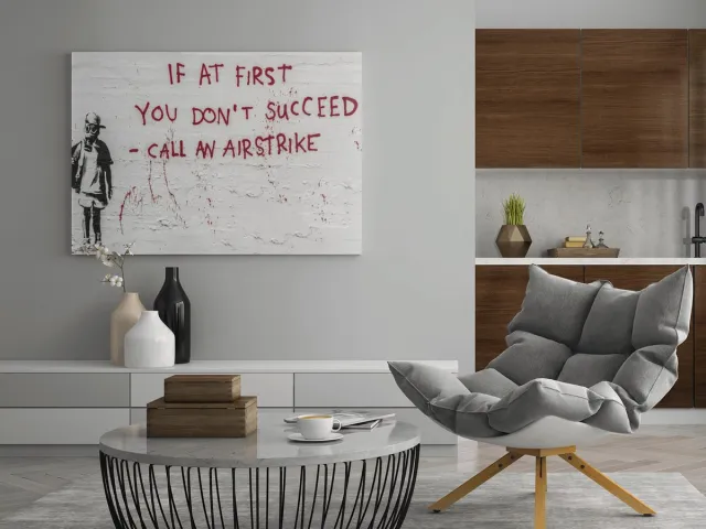 Trendex Global Canvas Schilderij - Banksy - If At First You Don't Succeed Call An Airstrike - 60x40x2 cm Wit