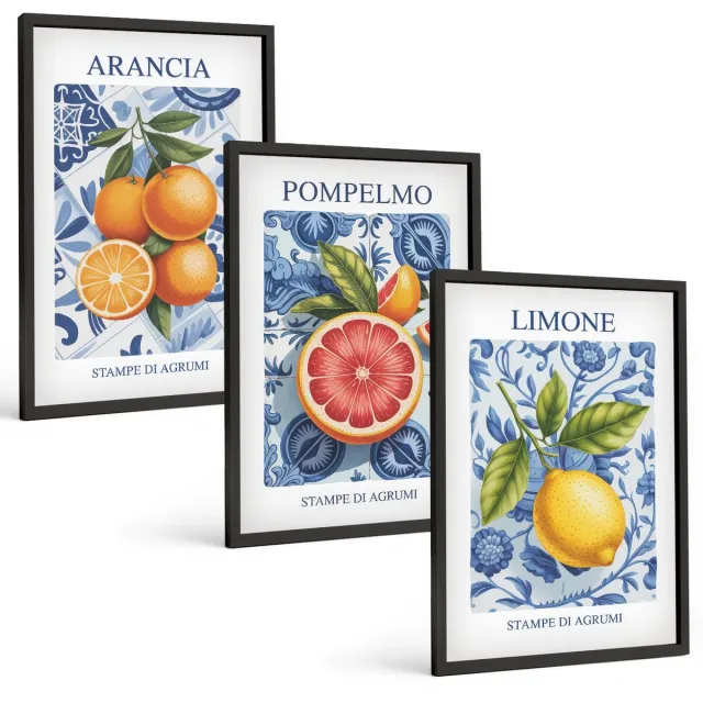 TULUP 4-Delige Schilderij Set - Vintage illustraties van citrusvruchten - 40 x 60 cm - Muurdecoratie - Decoratieve Schilderijen - Wohnzimmer Zwarte lijst