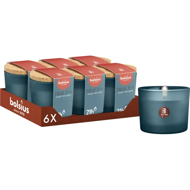 Bolsius True Joy - 6 Geurkaarsen met Kurken Deksel - Woody Wellness - Blauw - Voordeelverpakking - Geur Kaars