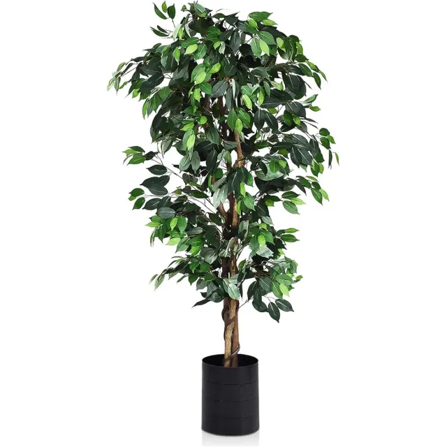 KOMFOTTEU 180 cm ficusboom met pot, kunstboom met 1008 bladeren en echte houten stam, decoratieve plant voor woonkamer of balkon, kunstplant van polyester en hout, incl. potafdekking groen