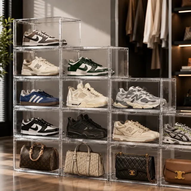 SOLVORA Sneakerbox – Transparant & Stapelbaar – Magnetische Deur – Premium Schoenendoos – Opbergdoos - Schoenen Opbergbox – Tassen organizer - 36 x 27,5 x 22 cm