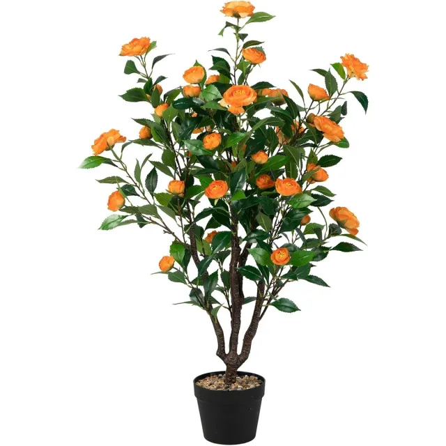 KOMFOTTEU 102 cm kunstmatige cameliaboom, kunstplanten in pot met natuurlijke bladeren en camelia, kunstplant voor binnen en buiten Geel
