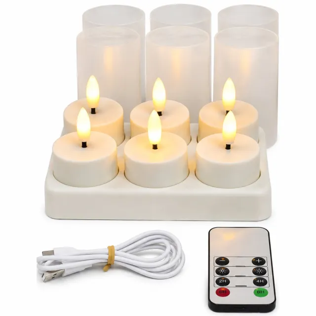 SWGOTA elektronische kaarsen - 6 oplaadbare theelichtjes met warm licht, cups, laadstation met 6 plaatsen, afstandsbediening en laadkabel Wit