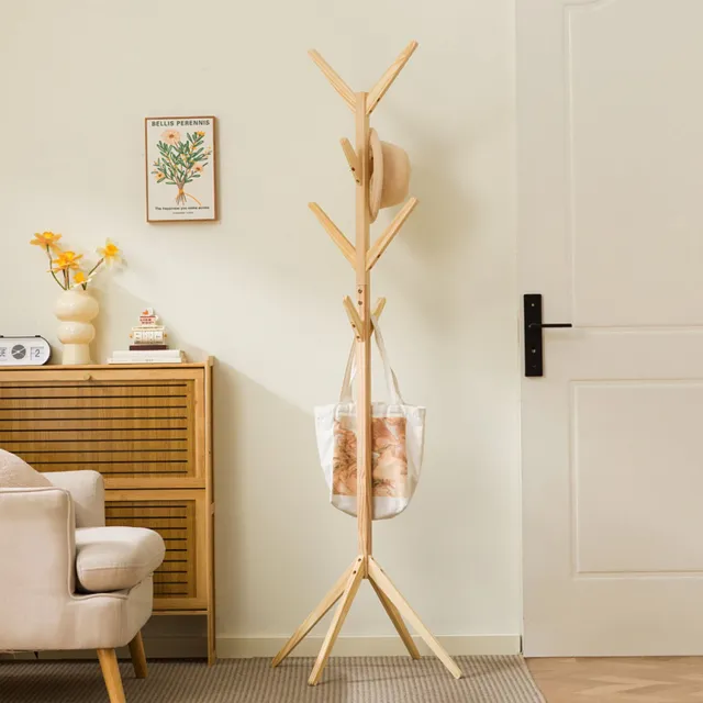 STILVORA Vloerstaande Kapstok – Stabiele Vierpootsbasis – Bamboe – Naturel – Met Meerdere Haken – 45 X 175 Cm