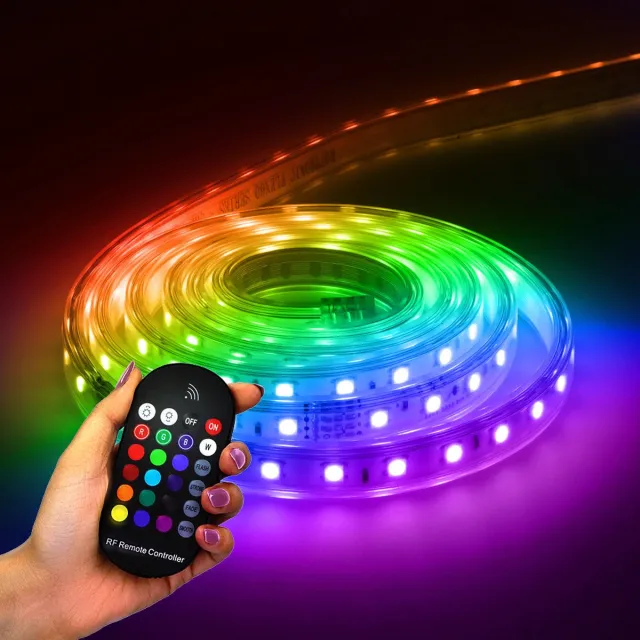 HOFTRONIC Flex60 - RGB LED Strip lichtslang 2m - 60 LEDs per meter 5050 SMD - 308 lumen per meter - IP65 voor binnen en buiten - Dimbaar via afstandsbediening - Waterdicht en UV bestendig - Per meter inkortbaar - Incl. Voedingskabel Transparant