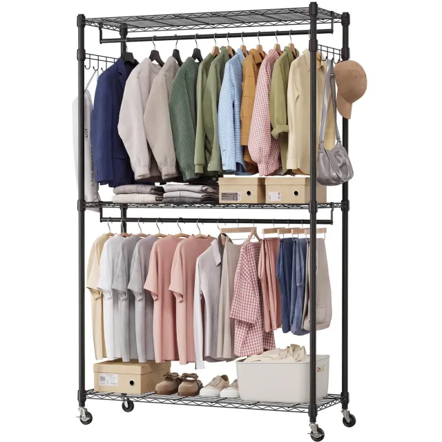Danky 300 kg draagvermogen, dubbele kledingrek op wielen 45x115x180cm, verstelbaar metalen garderoberek met 2 kledingstangen en opbergplanken, zwart voor slaapkamer en wasruimte 45x115x180cm(zwart)