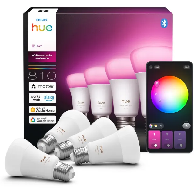 Philips Hue Slimme LED A60 lamp, Wit en Gekleurd Licht, E27 Fitting, 4-pack