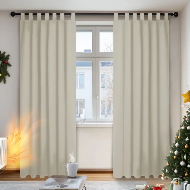 Famanu Thermische verduisteringsgordijnen met lussen, voor woonkamer, 140 x 220 cm, beige, set van 2 stuks Crème
