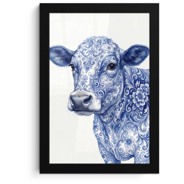 FrameYourWall Poster in lijst - Fotolijst 20x30 cm - Posters - Illustratie - Koe - Blauw - Posterlijst zwart - Decoratie - Wanddecoratie woonkamer - Muurdecoratie slaapkamer
