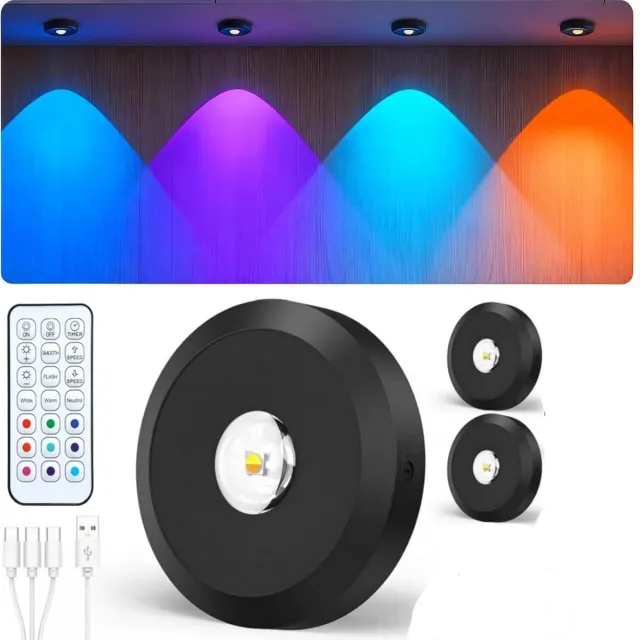 carmdering Kastverlichting Draadloos 3 stuks - RGB LED Vitrineverlichting met Afstandsbediening - USB Oplaadbare Plaklampen - Dimbaar & Timer - Magnetische Spotjes voor Keuken, Kledingkast & Vitrine - zwart