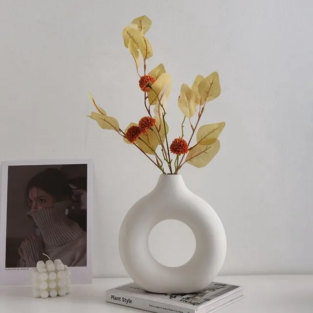 Without lemon Set van 2 - Nordic Keramische Vazen - Hollow Donut - Modern - Interieur Decoratie - 13CM - Wit