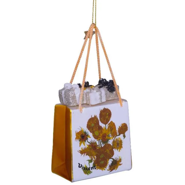 Vondels kerstornament glas Van Gogh zonnebloem cadeauzak H10cm Geel