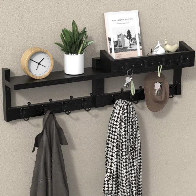 Famanu Garderobelijst met plank, 80 x 23,5 x 11,5 cm, wandgarderobe met 5 verborgen kapstokken, perfect voor entree en hal Zwart
