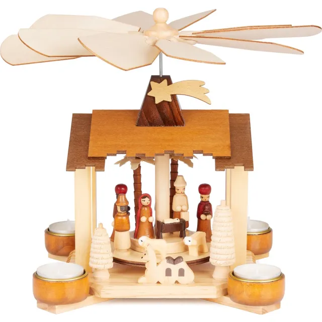 Brubaker Kerstpiramide van hout - kerststal met Jezus, Maria, Jozef en ster van Bethlehem - houten piramide 28 cm voor Kerstmis - tafelpiramide voor 4 theelichtjes - handbeschilderd Beige