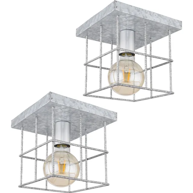 Globo Lighting Plafondlamp 1 vlam plafondlamp woonkamer industriële spot E27, metalen rooster zinkkleurig, 1x E27 fitting, LxBxH 20x20x20 cm, set van 2 zilver