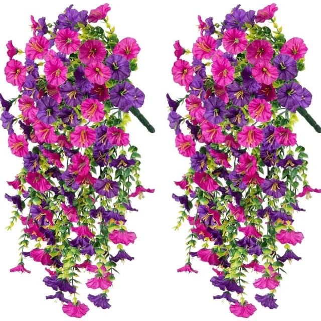 Flintry 2 stuks kunstherfstbloemen, planten voor buiten, binnendecoratie, UV-bestendig nep herfsthangbloemen, lijken op echte kunstzijde, lange ranken, petunia's voor veranda, patio, tuin, balkon, herfstdecoratie Magentapaars