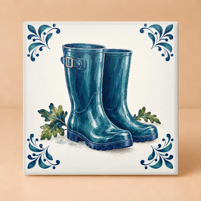 Bedruk King Sfeervolle Regenlaarzen Tegel – Keramisch Tegeltje in Hollandse Stijl voor Tuinliefhebbers en Natuurfans - 15 x 15 cm Wit