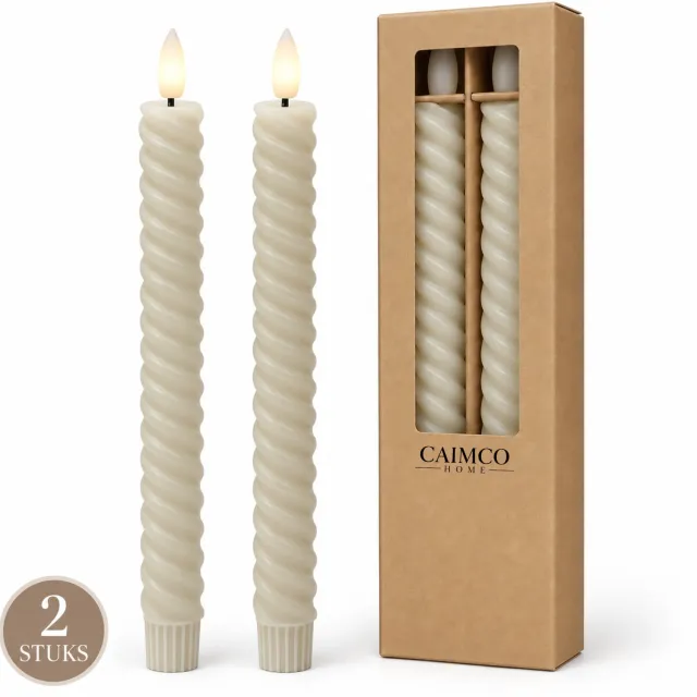 Caimco LED Dinerkaarsen – 2 Stuks – Gedraaide LED Kaarsen met Timer – Batterij – Warm Wit Licht – Crème – 3000 Branduren