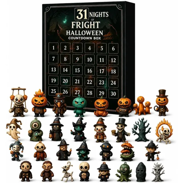 KZQ Halloween Adventskalender 2026 – 31 Dagen met 31 Verschillende Griezelige Mini Figuren – Halloween Aftelkalender en Blind Box met Spoken, Pompoenen, Skeletten en Heksen – Dagelijkse Verrassingen – Halloween Decoratie en Cadeau Zwart-2
