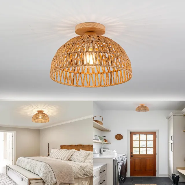 RUPINUS Rotan Plafondlamp, Boho-Lamp, Handgeweven Kroonluchter, Hanglampenkap Van Gevlochten Natuurmateriaal. Natuurlijk