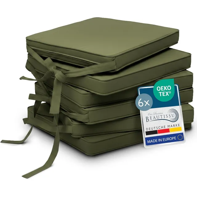 Beautissu Loft SK - Set van 6 Stoelkussens met Linten Zitkussen 45x40x5 cm - Zitkussens voor Stoelen Non-Slip met Afneembare Kussenhoes - Kussen Olivengroen